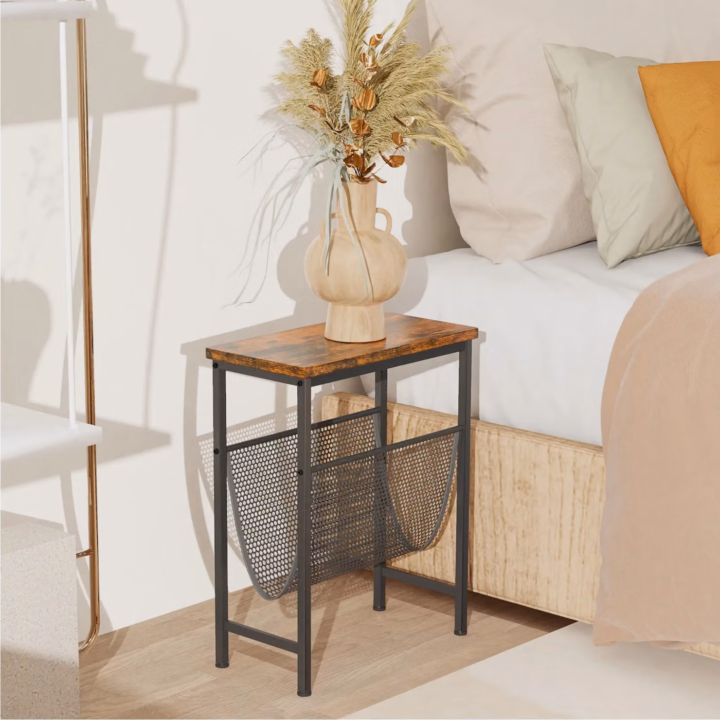 Costway Industrial Sofa Side Table with Shelf in Brown – 2