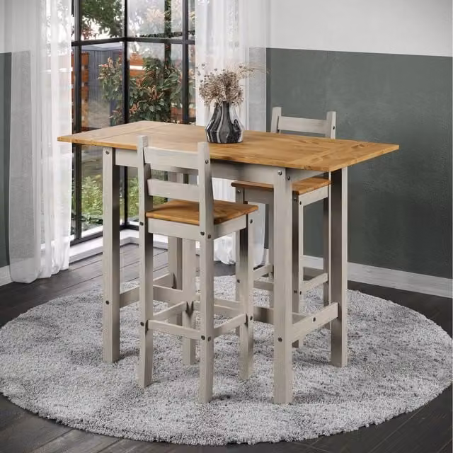 Corona Grey Rectangular Drop Leaf Breakfast Bar Table and Bar Chair Set with Grey Washed Wax Finish