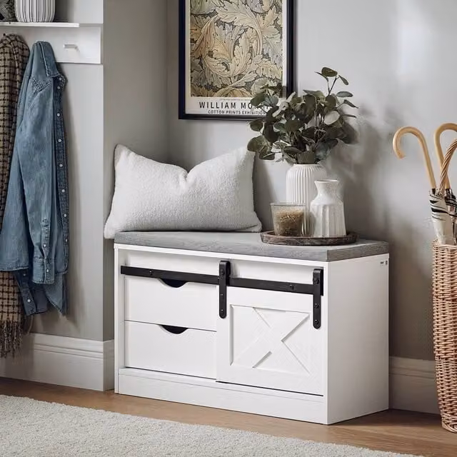 SoBuy Entrance Bench with Storage, Sliding Door and Padded Fabric Seat in White and Grey – 1