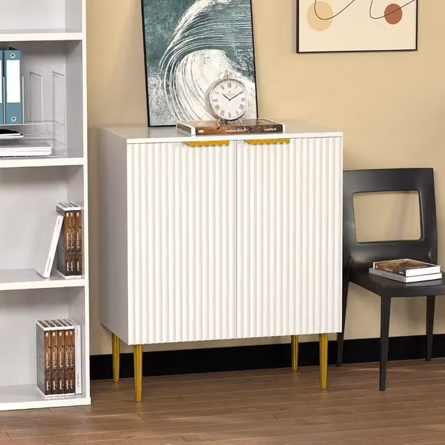Hygrad Built to Survive White Fluted Wooden Sideboard with 2 Doors and Gold Metal Legs
