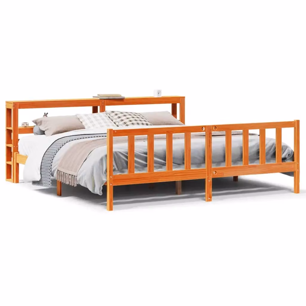 Berkfield Home Super King Bed Frame with Headboard and Side Compartments in Wax Brown Solid Pine Wood, W/D/H: 180 x 200 cm – 2