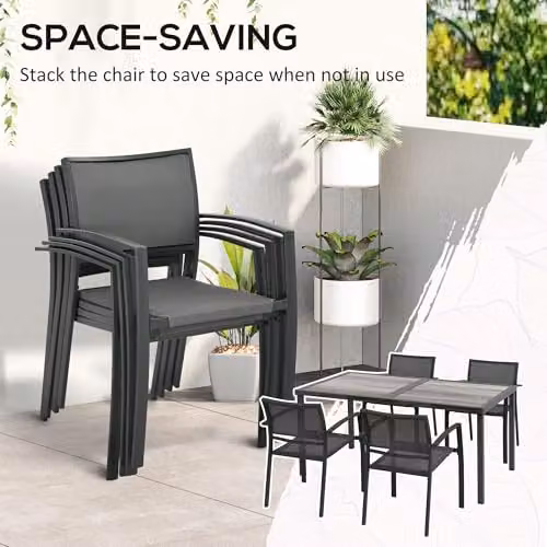 Outsunny 5 Piece Grey Metal Garden Dining Set with Stackable Armchairs – 3