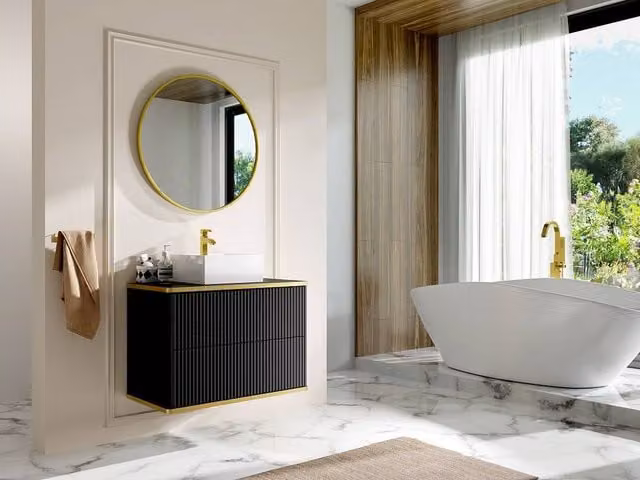 Vente-unique Black Ribbed Bathroom Cabinet with Gold Trim, Wall-Mounted or Freestanding, W/D/H: 80 x 47 x 54 cm – 1