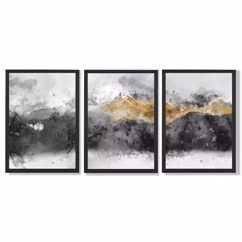 ARTZE Set of 3 Abstract Grey and Yellow Mountain Landscape Wall Art with Black Frames, W: 33 cm, H: 45 cm, D: 2 cm