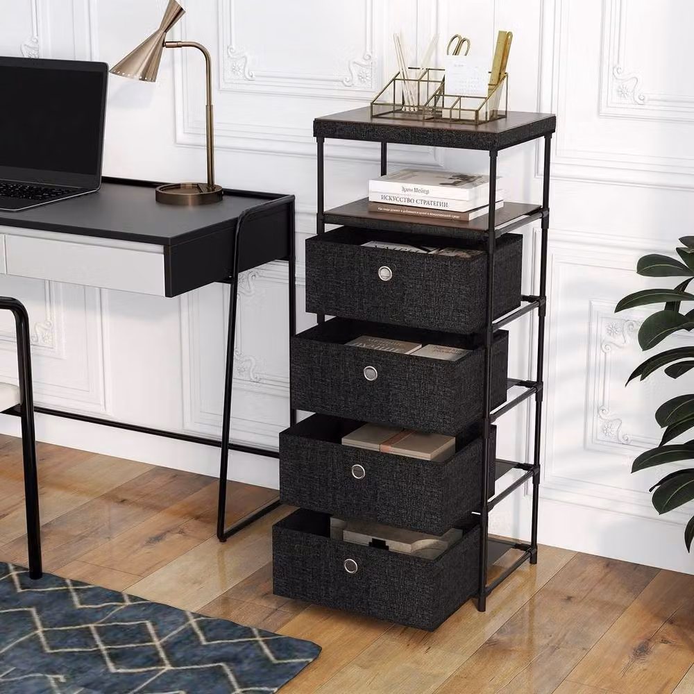 FORGEVIO Fabric Storage Tower with Wood Top and Metal Frame, Black – 3