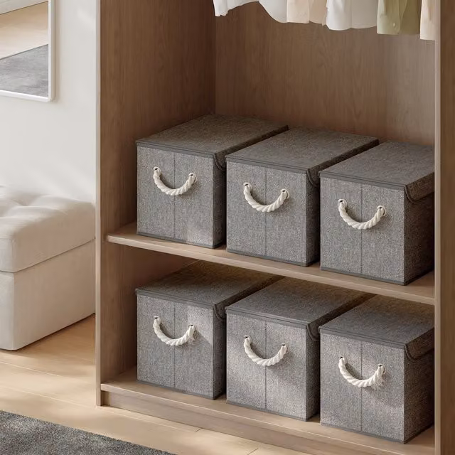 SONGMICS Set of 3 Fabric Storage Boxes with Lids and Handles, Grey, W/D/H: 38 x 25 x 25 cm, 38 x 25 x 23 cm, 38 x 25 x 25 cm