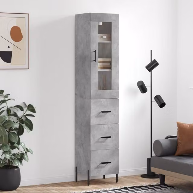 Berkfield Home Highboard in Concrete Grey with Glass Doors and Internal Shelves, H 180 x W 34.5 x D 34 cm – 1
