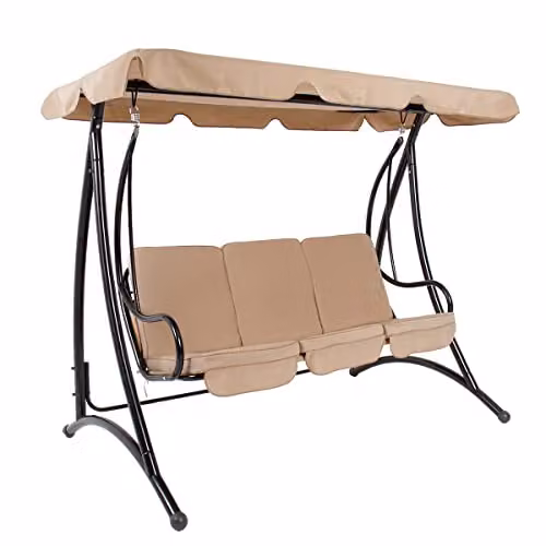 Charles Bentley 3 Seater Outdoor Swing Seat Bench with Sun Canopy and Cushions, Beige and Black, W/D/H: 280 x 119 x 201 cm