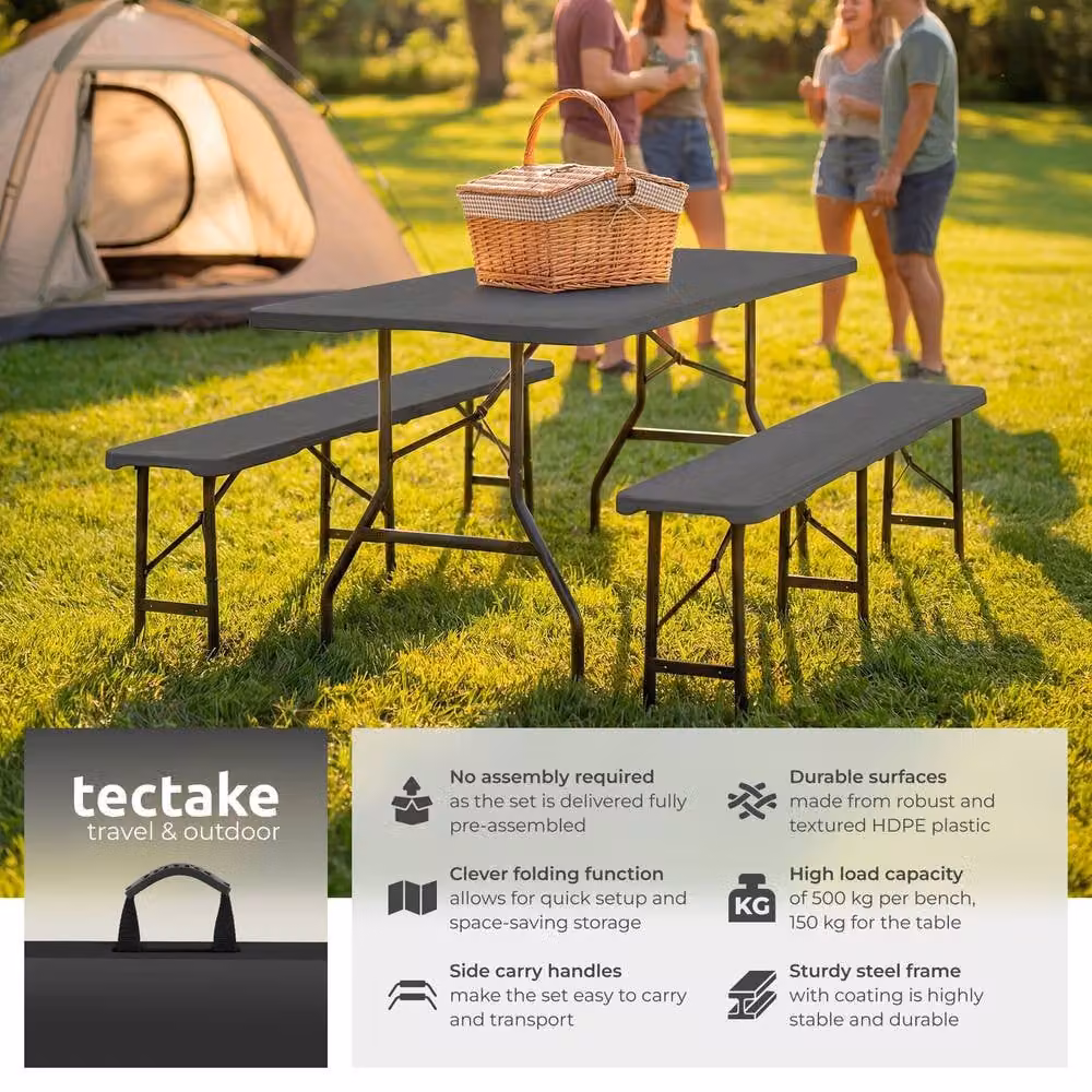 tectake Panja Foldable Camping Table Set in Dark Grey, Weatherproof Rectangular Garden Table for 8 Adults – 2