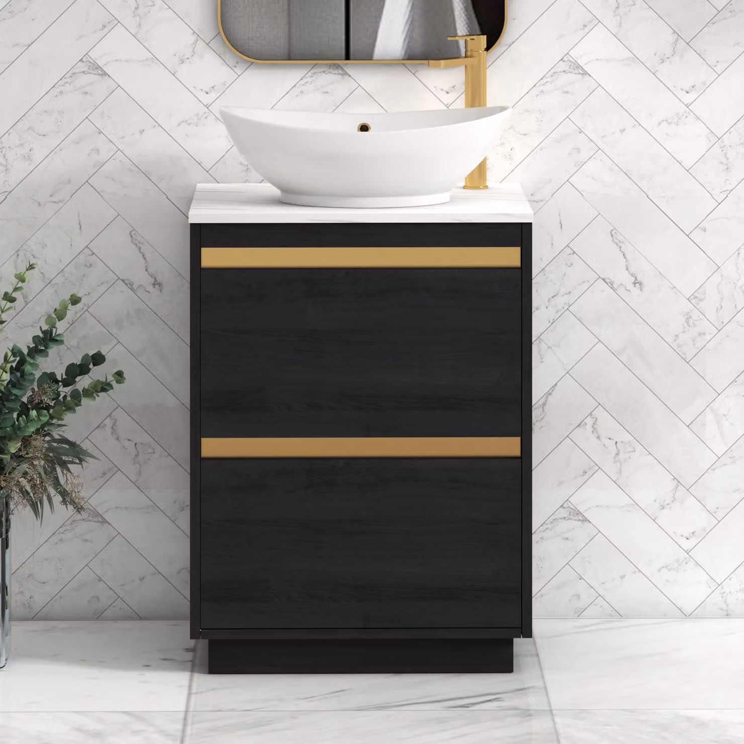 Royal Bathrooms Orion 800mm Hale Black Floor Standing Vanity Unit with Amaze Carrara White Countertop and Brushed Brass Accents