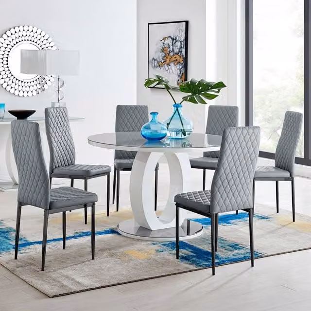 FurnitureboxUK Giovani Round Grey Glass Dining Table with 6 Milan Black Leg Chairs, Diameter: 120 cm
