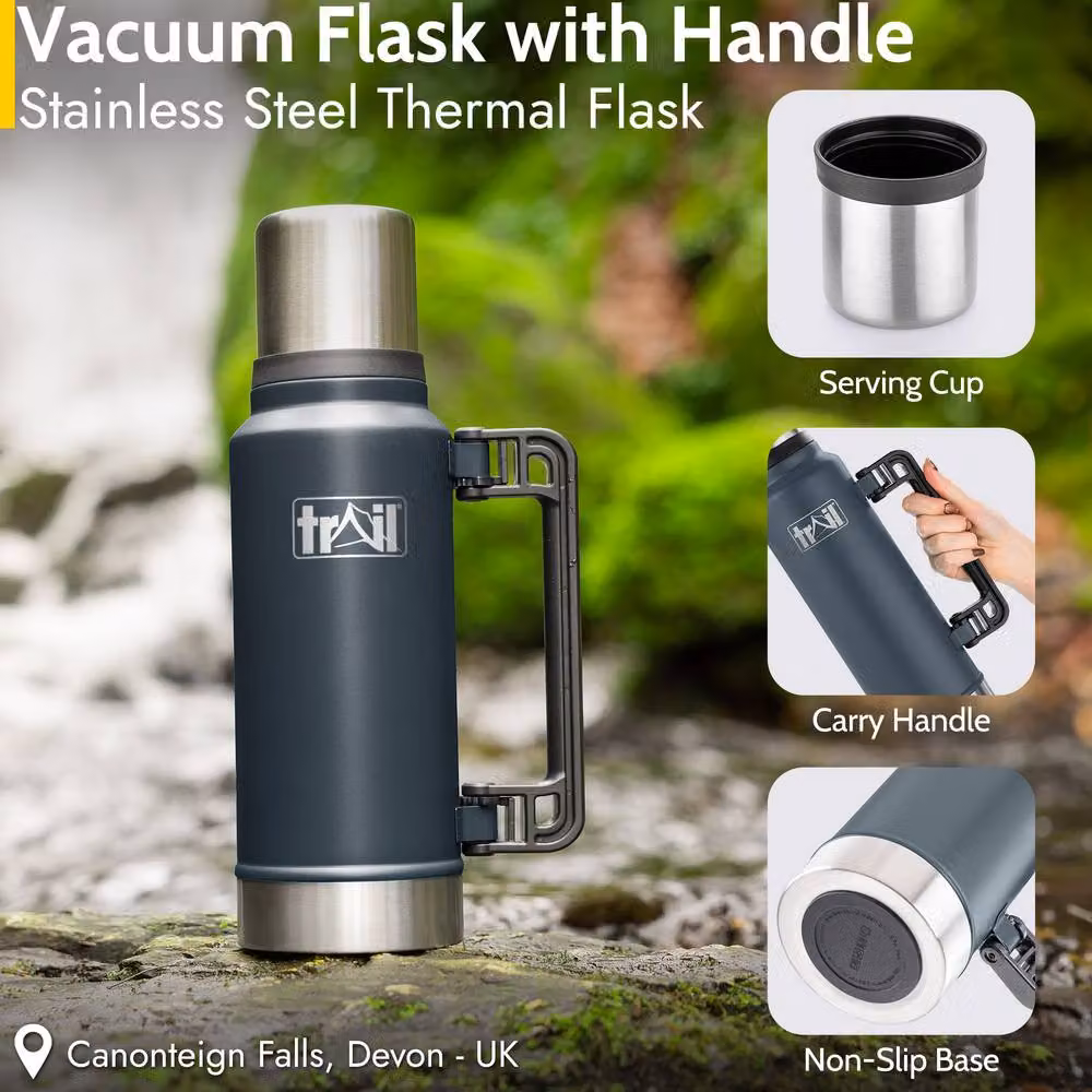Trail Stainless Steel Vacuum Flask with Carry Handle, 1000 ml, Dark Grey – 2