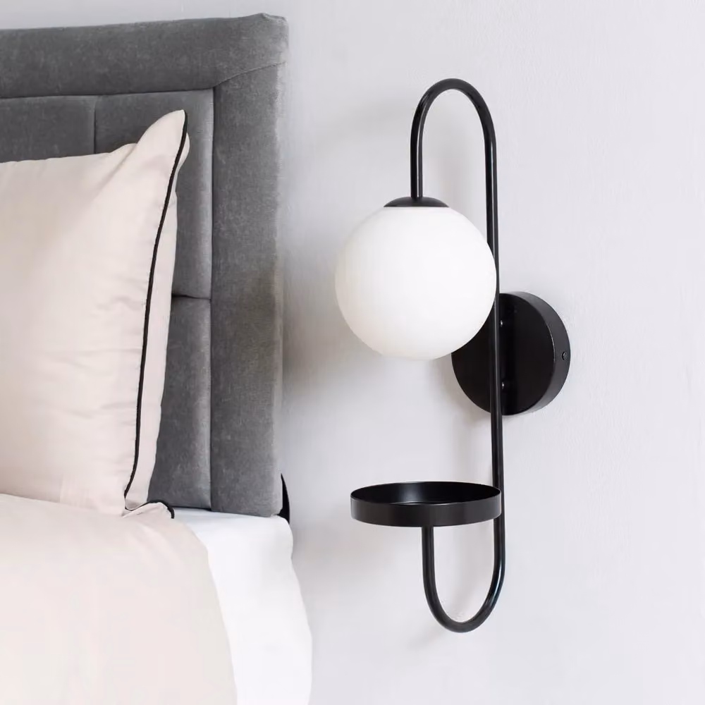 ValueLights Milo Curved Black Wall Light with Frosted Glass Globe Shade and LED Bulb – 3