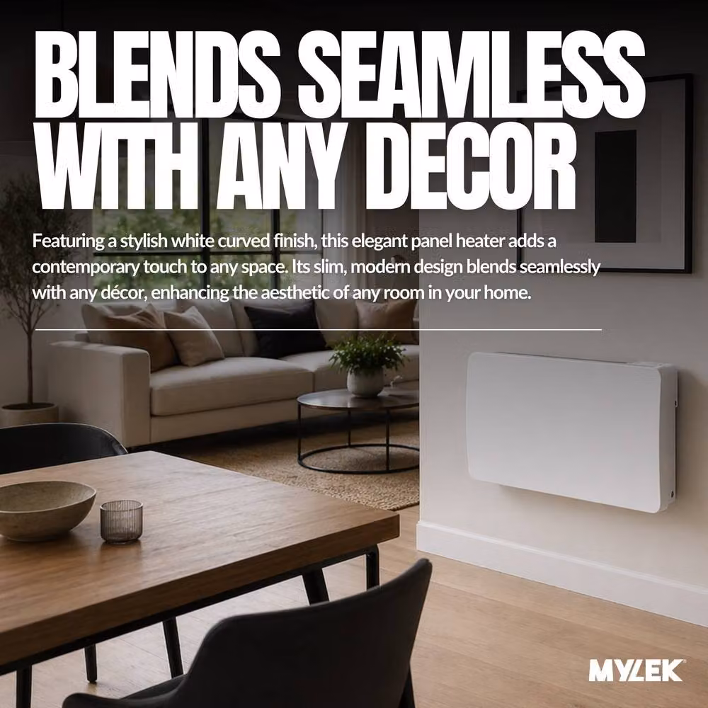 MYLEK 1500W White Aluminium and Ceramic Wall Mounted Panel Heater with WiFi App Control and LCD Display – 7
