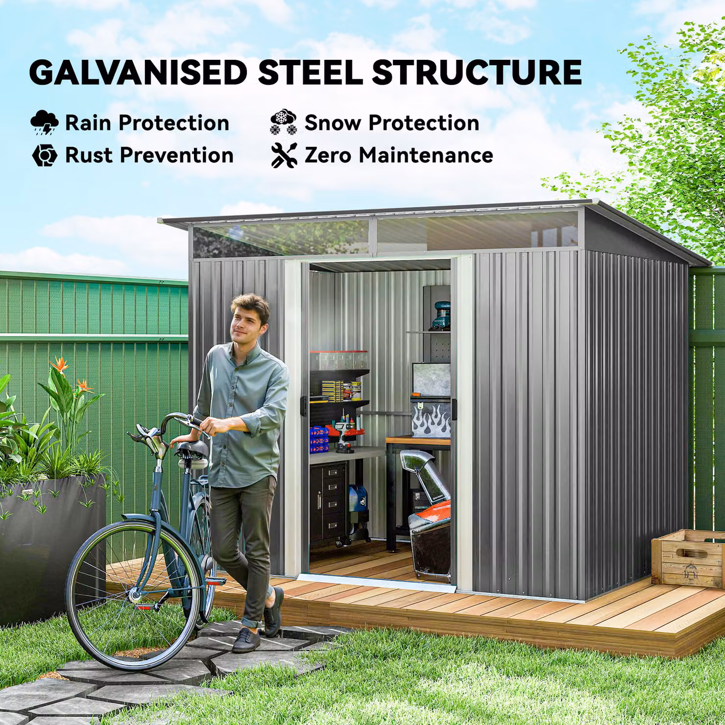 Outsunny Metal Garden Storage Shed with Double Doors and Top Window, Light Grey – 3