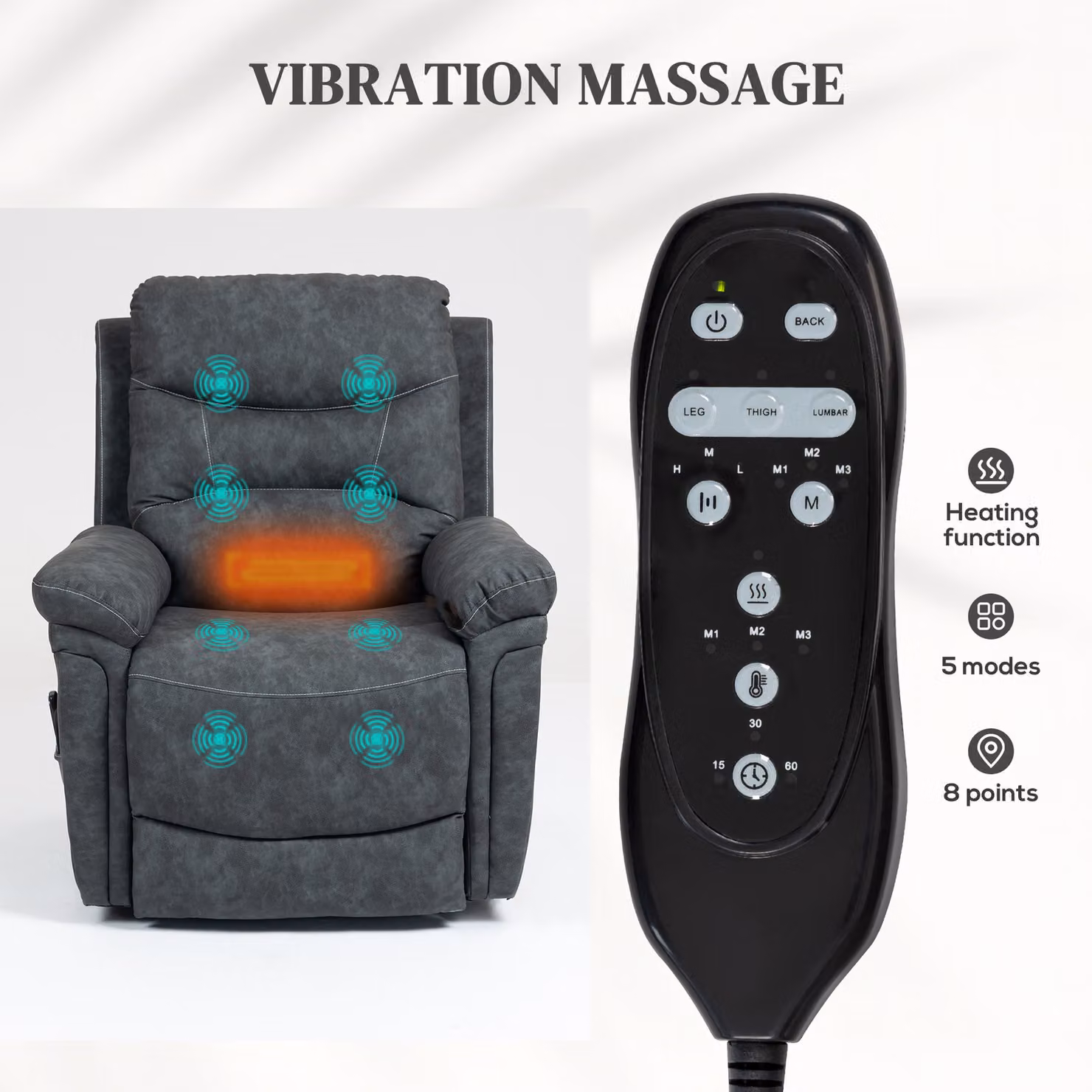 HOMCOM Grey Power Lift Recliner Chair with Vibration Massage, Heat and USB Charging Port – 5