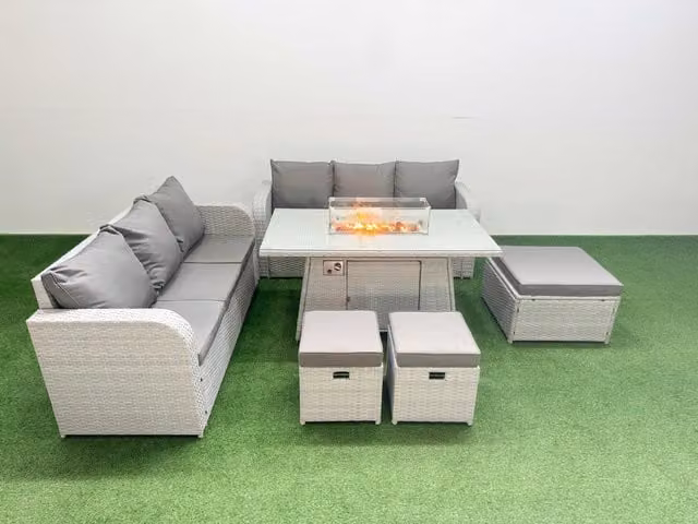 Fimous 9 Seater Wicker Rattan Garden Furniture Set with Firepit Dining Table, High Back Lounge Sofa and 3 Stools, Light Grey