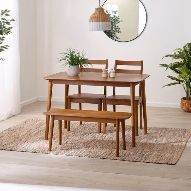 FurnitureboxUK Lynton Solid Wood Dining Set in Brown, featuring a Rectangular Table, 2 Chairs and 1 Bench