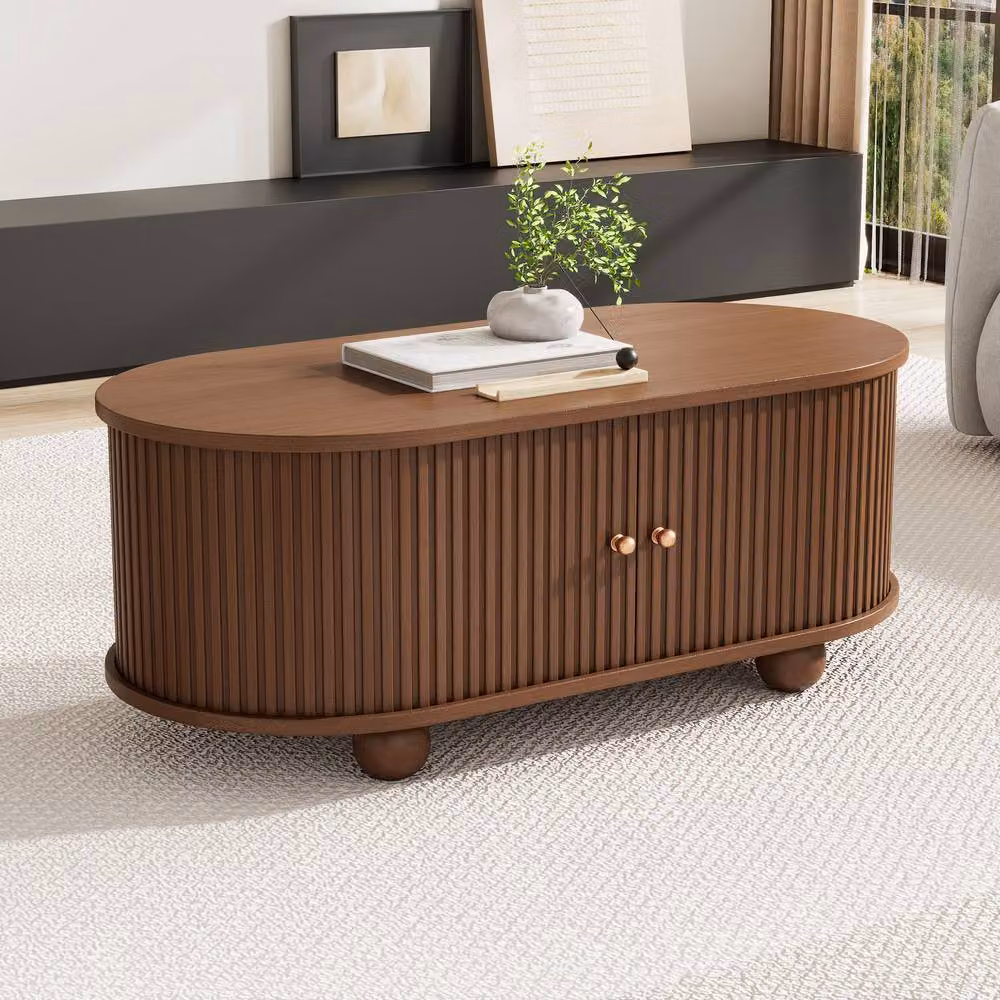 Merax Oval Fluted Coffee Table with 2 Sliding Doors and Hidden Storage in Brown, W/D/H: 100 x 50 x 40 cm – 6