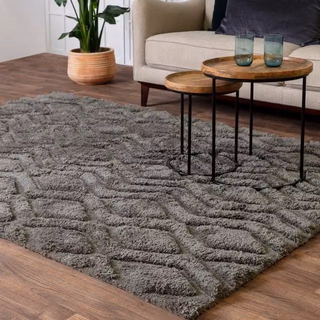Asiatic Carpets Harrison Charcoal Grey Geometric Carved Shaggy 40mm Area Rug W: 160 cm, D: 230 cm