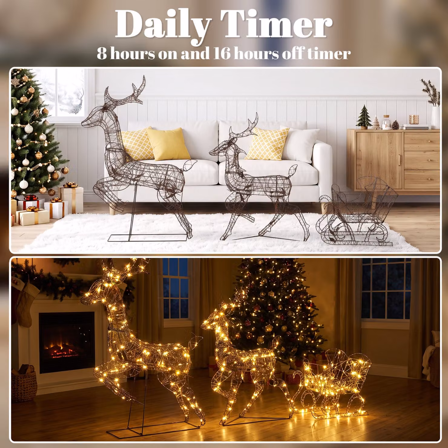 Outsunny 3-Piece Lighted Reindeer and Sleigh Set in Brown and White with Warm White LEDs and Daily Timer – 5