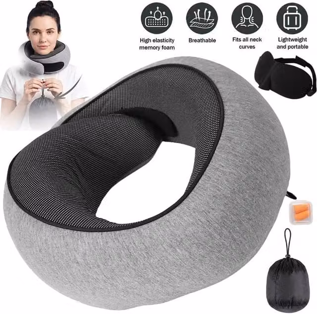 KORVIXA Grey U-Shaped Memory Foam Travel Neck Support Pillow – 1