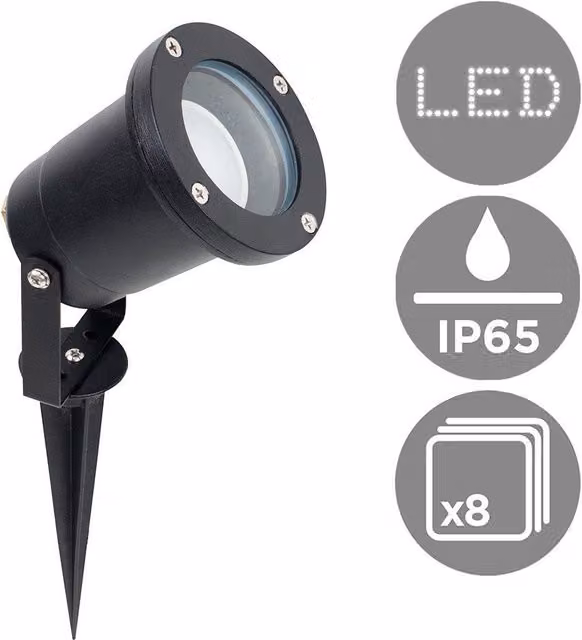 ValueLights Derwent 8 Pack Black LED Outdoor Garden Lights with Adjustable GU10 Warm White Bulbs and IP65 Waterproof Rating