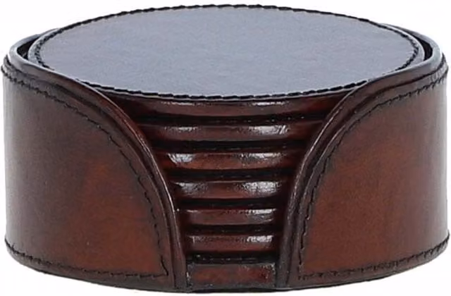 Ashwoods Round Solid Leather Coaster in Brown
