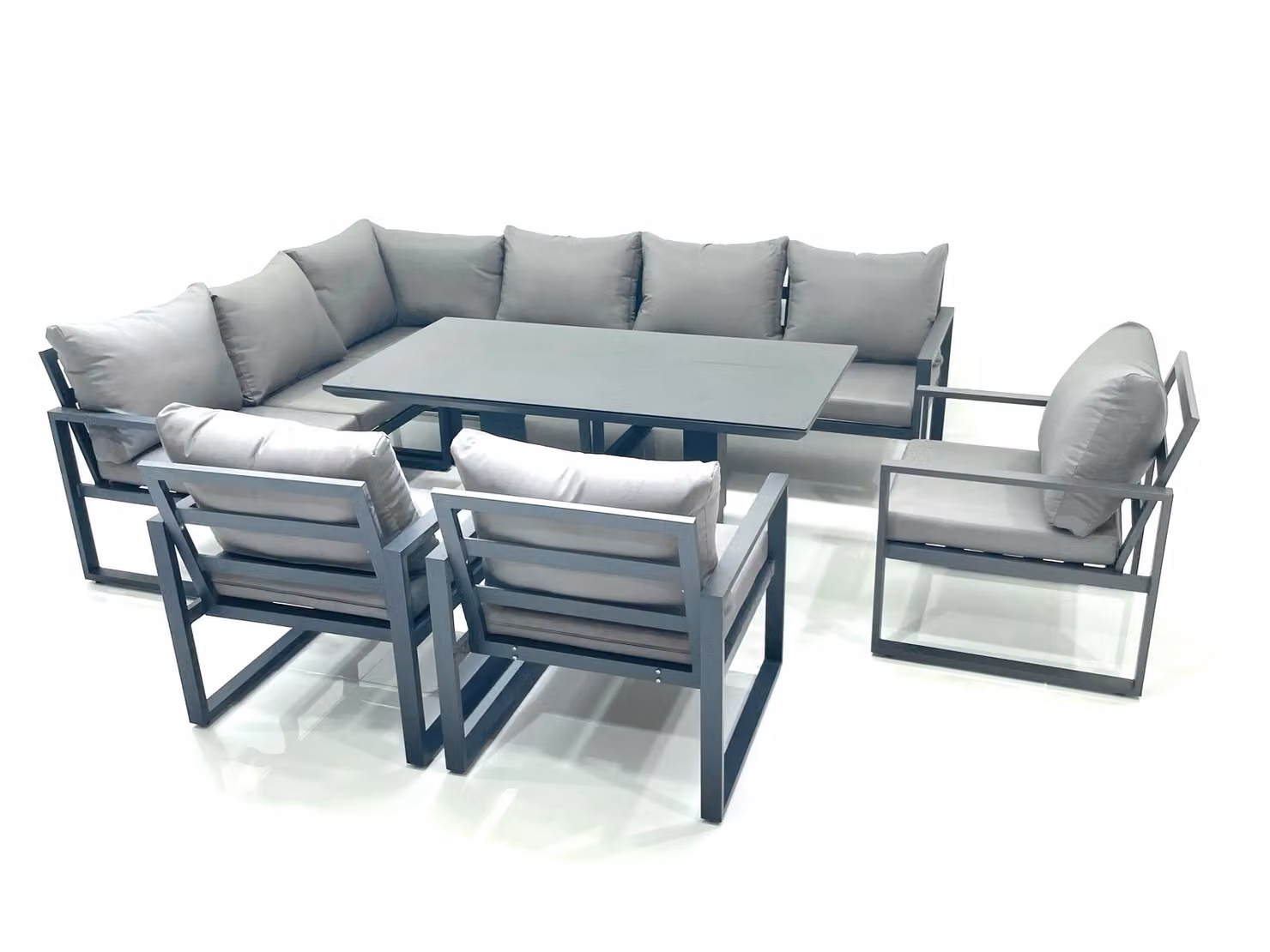 Fimous Aluminum Outdoor Garden Furniture Set with Corner Sofa, 3 Chairs and Adjustable Rising Lifting Dining Table in Dark Grey – 2