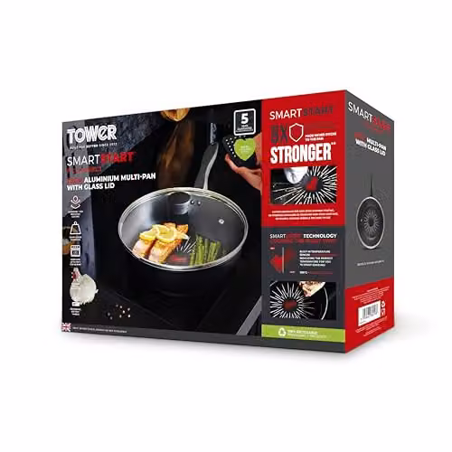 Tower SmartStart Forged 28cm Aluminium Multi-Pan with Glass Lid, Non-Stick, Black – 11