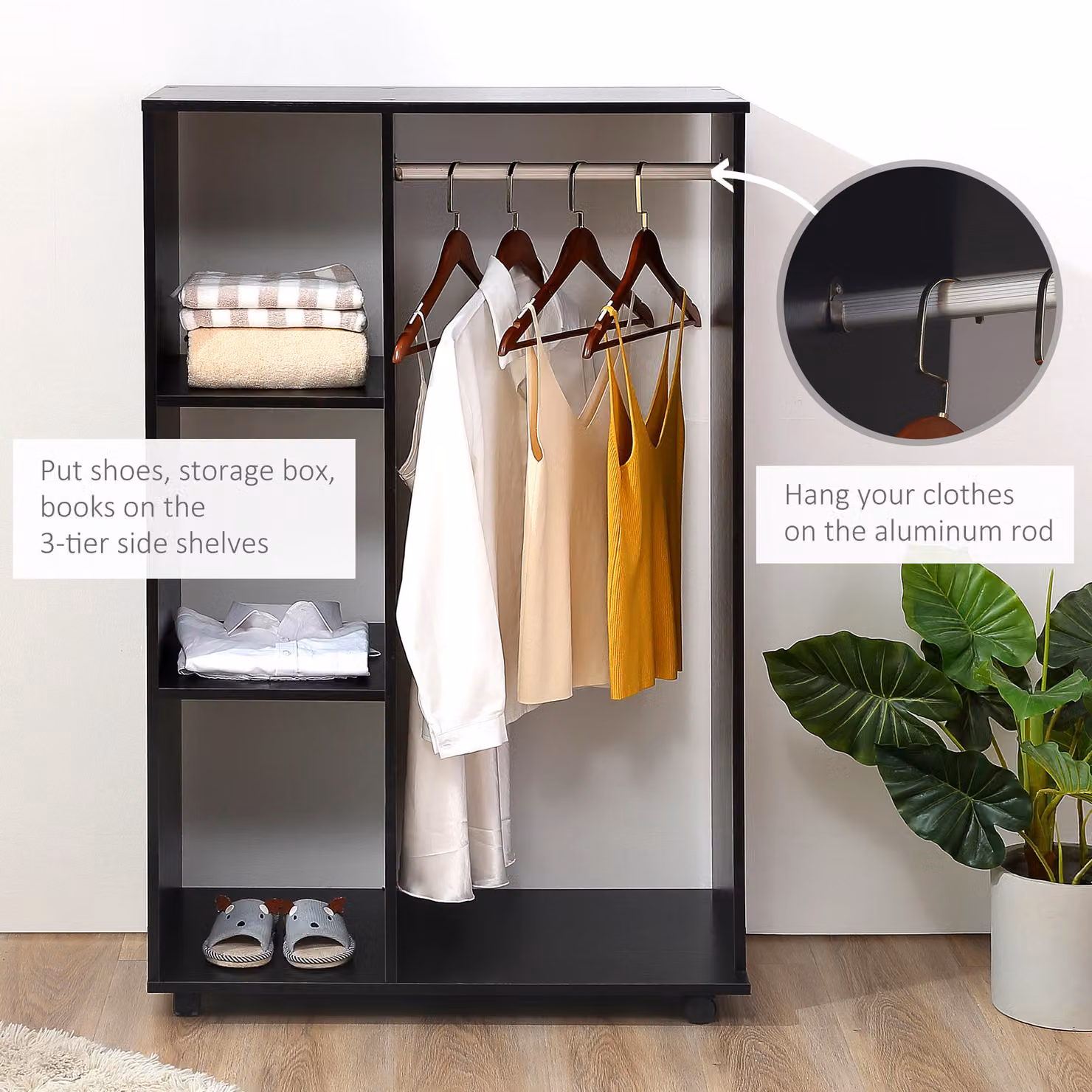 HOMCOM Mobile Open Wardrobe with Hanging Rail and Shelves in Black – 6