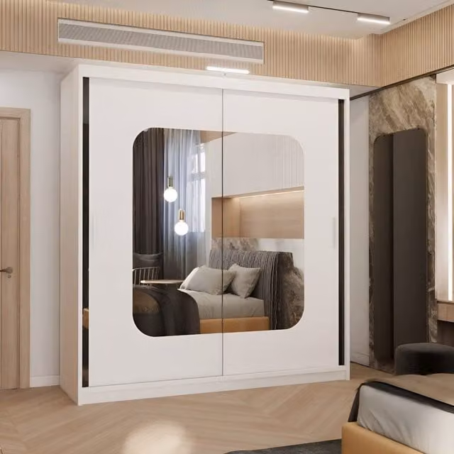MN Furniture Modern White Wardrobe with Double Sliding Mirror Doors and Integrated LED Lighting W: 150 cm, H: 217 cm – 1