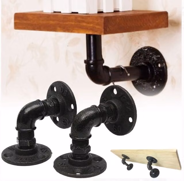 Living and Home 2-Piece Industrial Style Iron Pipe Wall-Mounted Shelf Brackets in Black, Size: 7 cm – 1