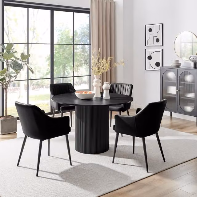 FurnitureboxUK Penrose Black Round Dining Table and 4 Calla Faux Leather Chairs, Diameter: 120 cm