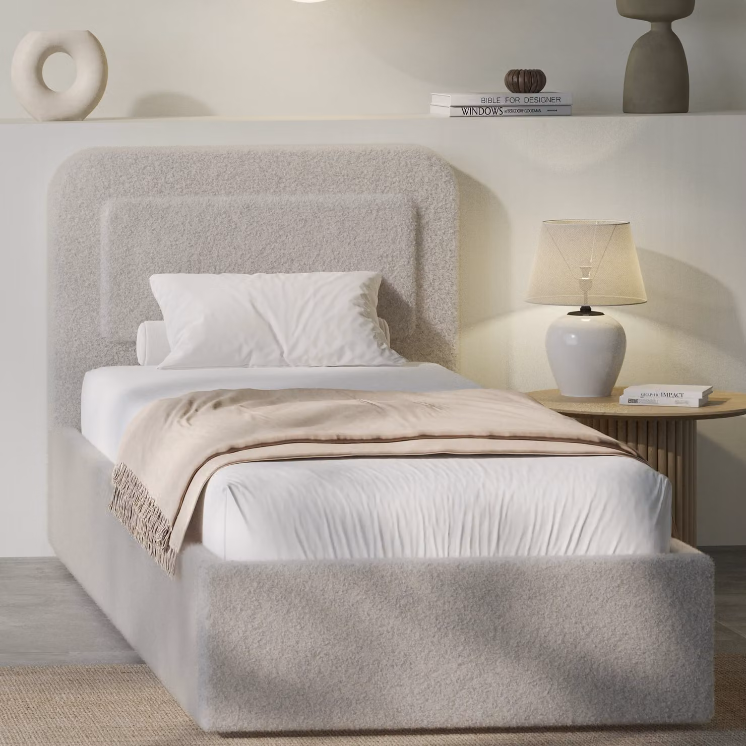 DHS Boucle Upholstered Ottoman Storage Bed with Curved Headboard, Grey, W/D/H: 90 x 190 cm