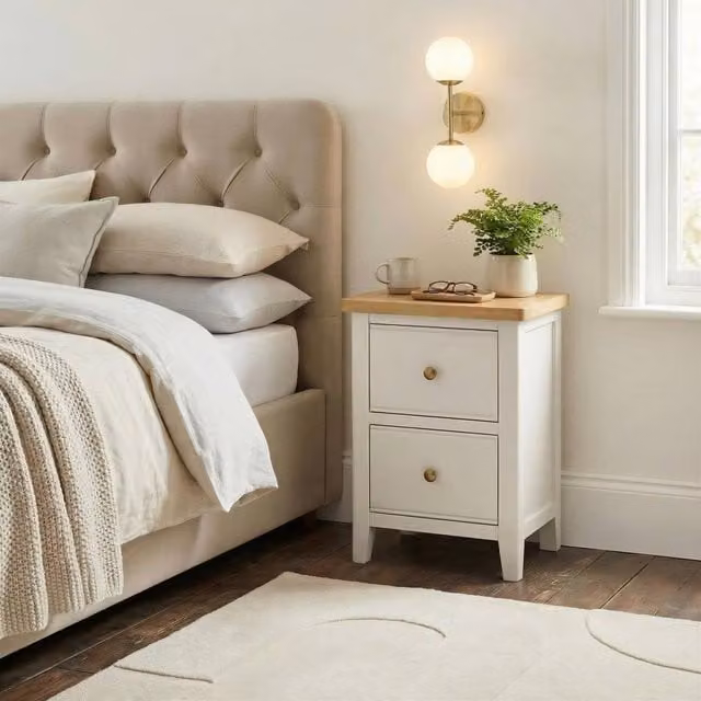 FurnitureboxUK Belle 2 Drawer Slim Bedside Table in Solid Oak and Cream