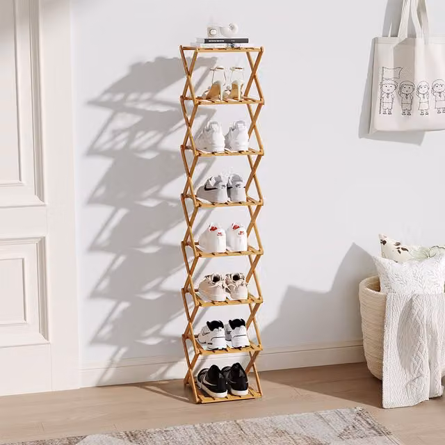 Livingandhome Brown Bamboo Multi-Layer Foldable Shoe Rack, Height: 139 cm
