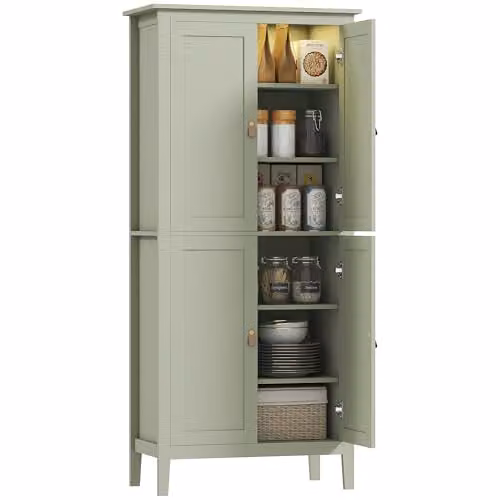 HOMCOM Tall Kitchen Cupboard Pantry with Motion Sensor LED Light, Green, H 176.5 x W 80 x D 40 cm