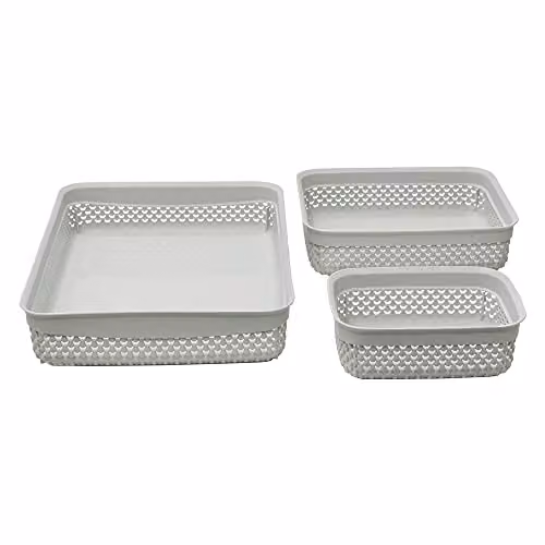 JVL Droplette Set of 3 Open Weave Plastic Storage Baskets in Grey and Multicolour, W/D/H: 26.0 x 19.0 x 7.0 cm – 1