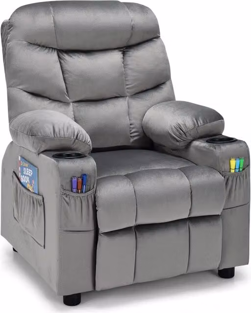 Costway Grey Velvet Fabric Recliner Chair with Adjustable Back and Armrests – 1