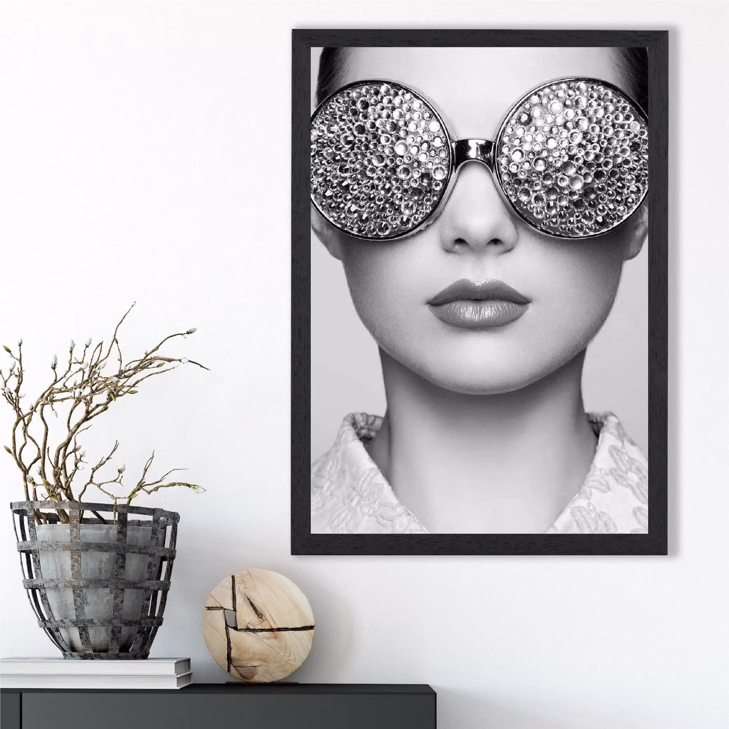 ARTZE Girl with Silver Bling Sunglasses Black and White Framed Photo Print, A2 – 2