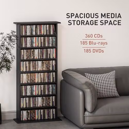 HOMCOM Black Media Storage Unit with 6 Adjustable Shelves for CDs and DVDs – 4