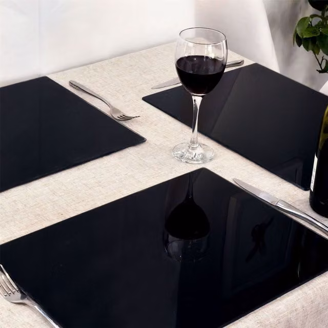 Harbour Housewares Set of 6 Black Rectangular Glass Placemats, W: 30 cm, D: 20 cm