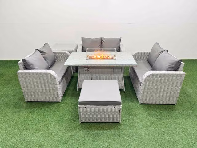 Fimous 7 Seater PE Wicker Rattan Garden Furniture Set in Light Grey with Firepit Dining Table, 2 Seater Love Sofa, Big Footstool and Side Table
