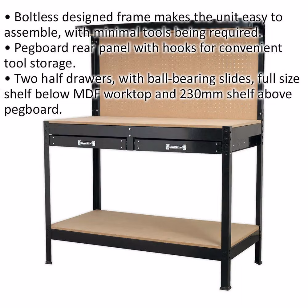 Loops 1.2m Workstation with Rear Panel Pegboard, 2 Drawers and Storage Shelf in Black and Multicolour with MDF Top – 2