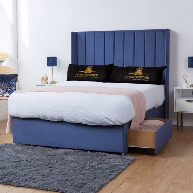 UK Bed Furniture Bella Wingback Divan Bed with 2 Drawers and 54 Inch Headboard, Blue Velvet, King Size, W/D/H: 180 x 200 cm
