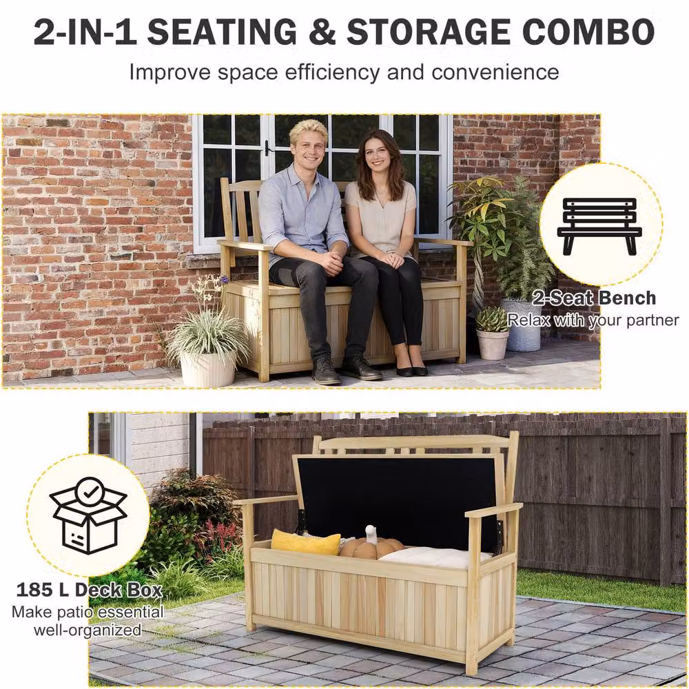 Gymax Solid Wood Patio Bench Storage Loveseat with Backrest and Armrests in Brown – 2