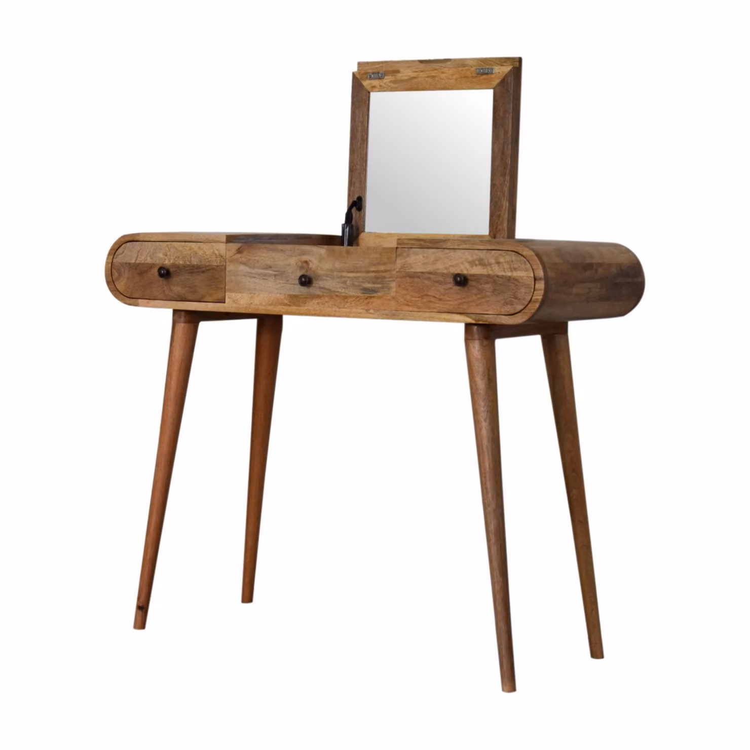 Aosom UK Solid Mango Wood Round Dressing Table with 3 Drawers and Foldable Mirror, Brown, W: 100 cm, D: 40 cm, H: 80 cm – 3