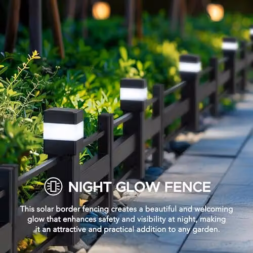 SUNJOY 5-Pack Solar Garden Fence with Waterproof Warm White LED Path Lights, Black Metal Decorative Strip Pattern Border Fencing Panels for Outdoor Landscaping – 5