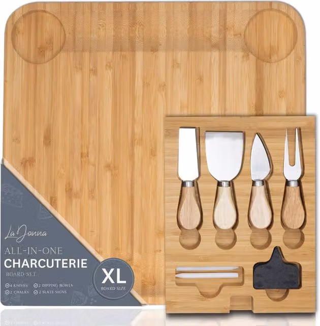 La Donna Brown and Multicolour Bamboo Rectangular Cheese Board with Drawer, Serving Tray, Cutting Tools and Bowls – 1